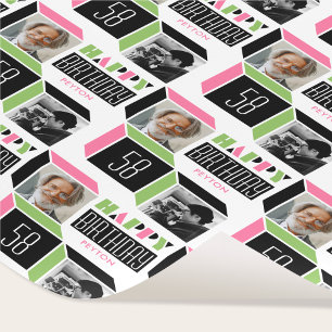 Birthday Retro Cube Photo 58th Pink Green White Wrapping Paper