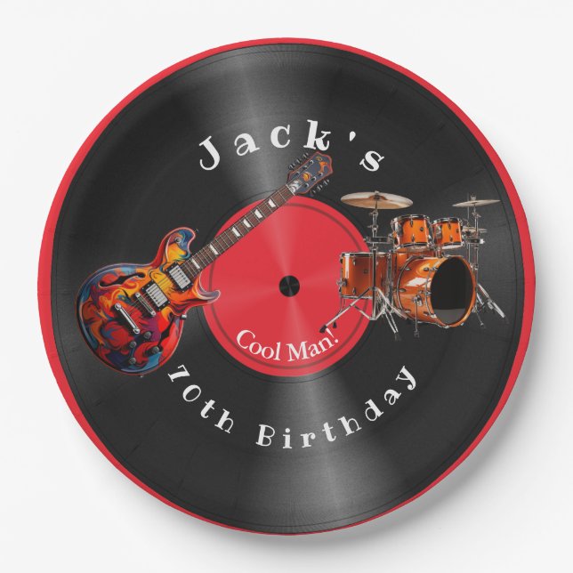 Birthday Retro Vinyl Record Rock Music Guitar Paper Plates (Front)
