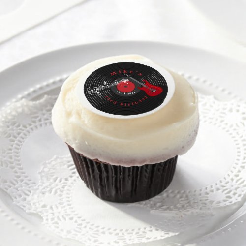 Birthday Retro Vinyl Record Rock Music Red Guitar Edible Frosting Rounds