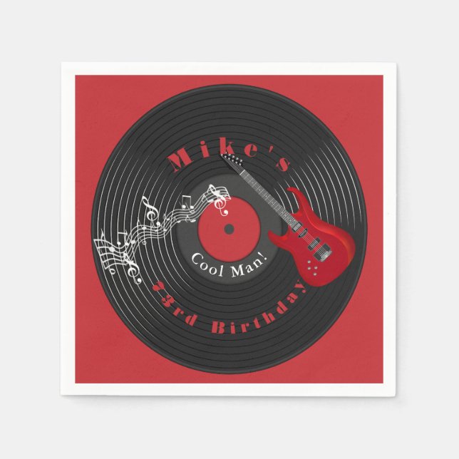 Birthday Retro Vinyl Record Rock Music Red Guitar Napkins (Front)