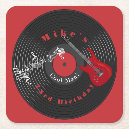 Birthday Retro Vinyl Record Rock Music Red Guitar Square Paper Coaster