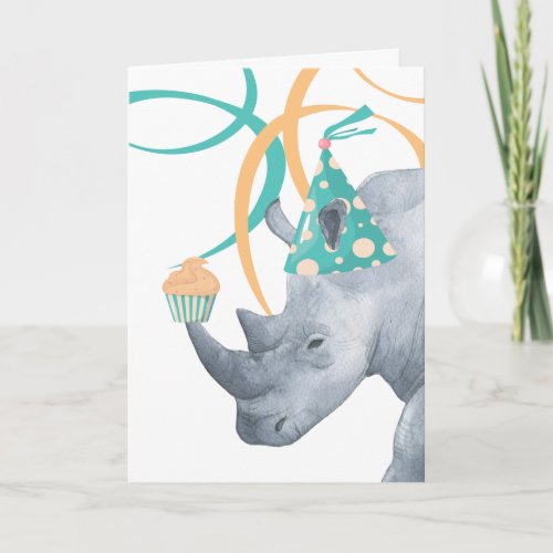 Birthday Rhino in Party Hat with a Cupcake on Horn Card