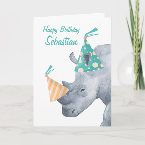 Birthday Rhino With Party Hat on Horn Personalized Card