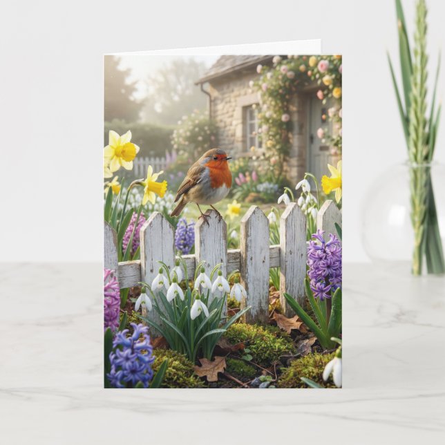 Birthday Robin On a Garden Picket Fence Card (Front)