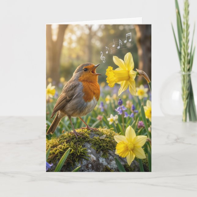 Birthday Robin Singing Into a Daffodil Card (Front)