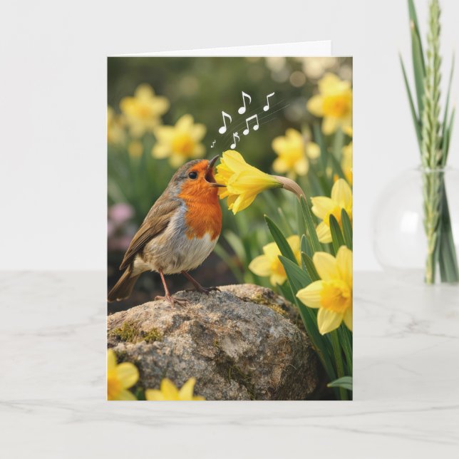 Birthday Robin Singing into a Spring Daffodil Card (Front)