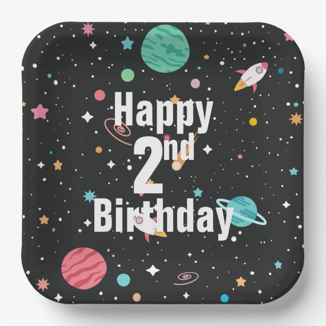 Birthday Rocket Ships and Planets  Paper Plates (Front)