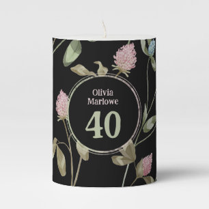 Birthday Romantic Black Pink Clover Floral Pillar Candle
