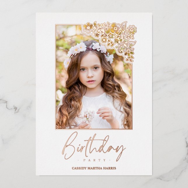 Birthday Romantic Rose Gold Floral Frame Photo Foil Invitation (Front)