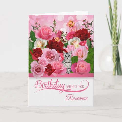 Birthday Rose Garden with Tabby Cat and Butterfly Card