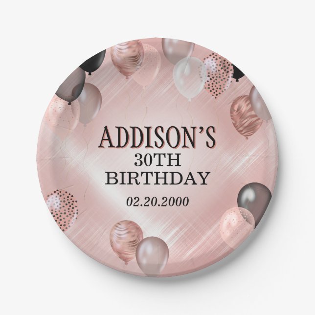 Birthday Rose Gold Balloons Paper Plates (Front)