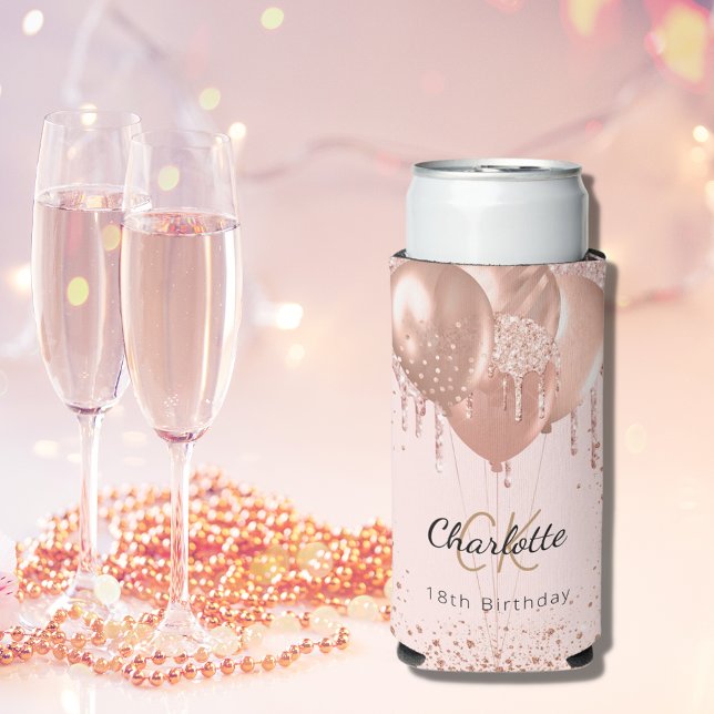 Birthday rose gold blush balloons monogram name seltzer can cooler (Creator Uploaded)
