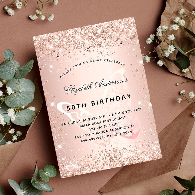Birthday rose gold blush butterfly luxury invitation (Creator Uploaded)