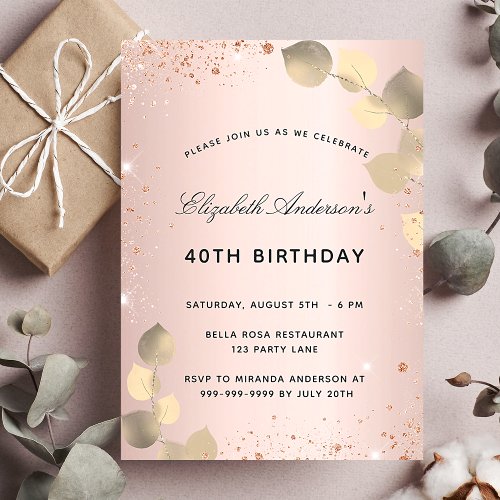 Birthday rose gold blush eucalyptus golden invitation