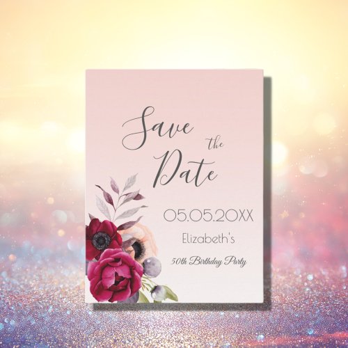 Birthday rose gold blush floral Save the Date Postcard