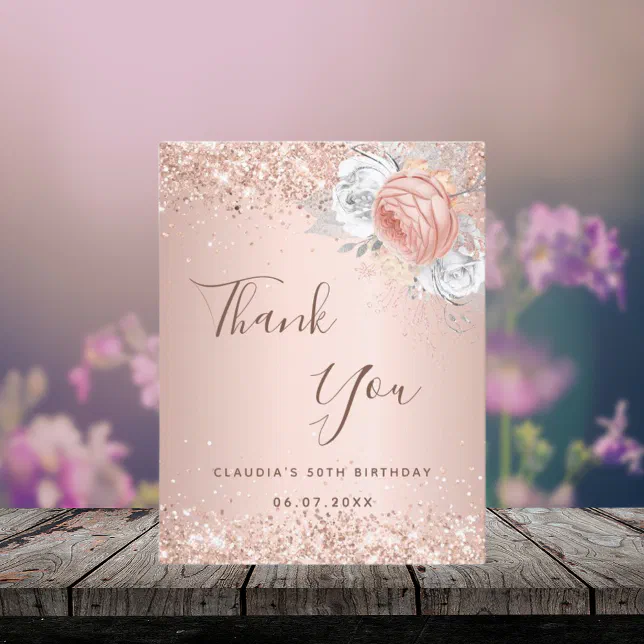 Birthday rose gold blush floral sparkle thank you card | Zazzle