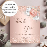 Birthday rose gold blush floral thank you card<br><div class="desc">A thank you card for a 50th (or any age) birthday. A rose gold, blush gradient background. Decorated with rose gold and white florals and faux sparkles. On front, a large hand lettered script and the text: Thank You, your text, title and a date. Back: personalize and add Your thank...</div>