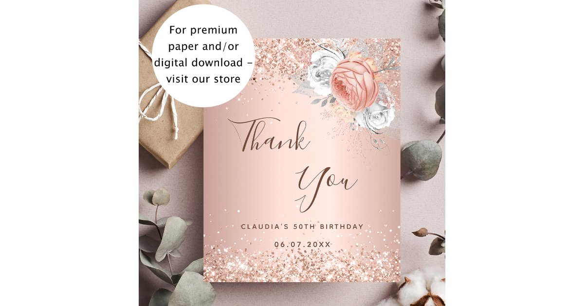 Birthday rose gold blush floral thank you card | Zazzle