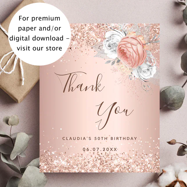 Birthday rose gold blush floral thank you card | Zazzle