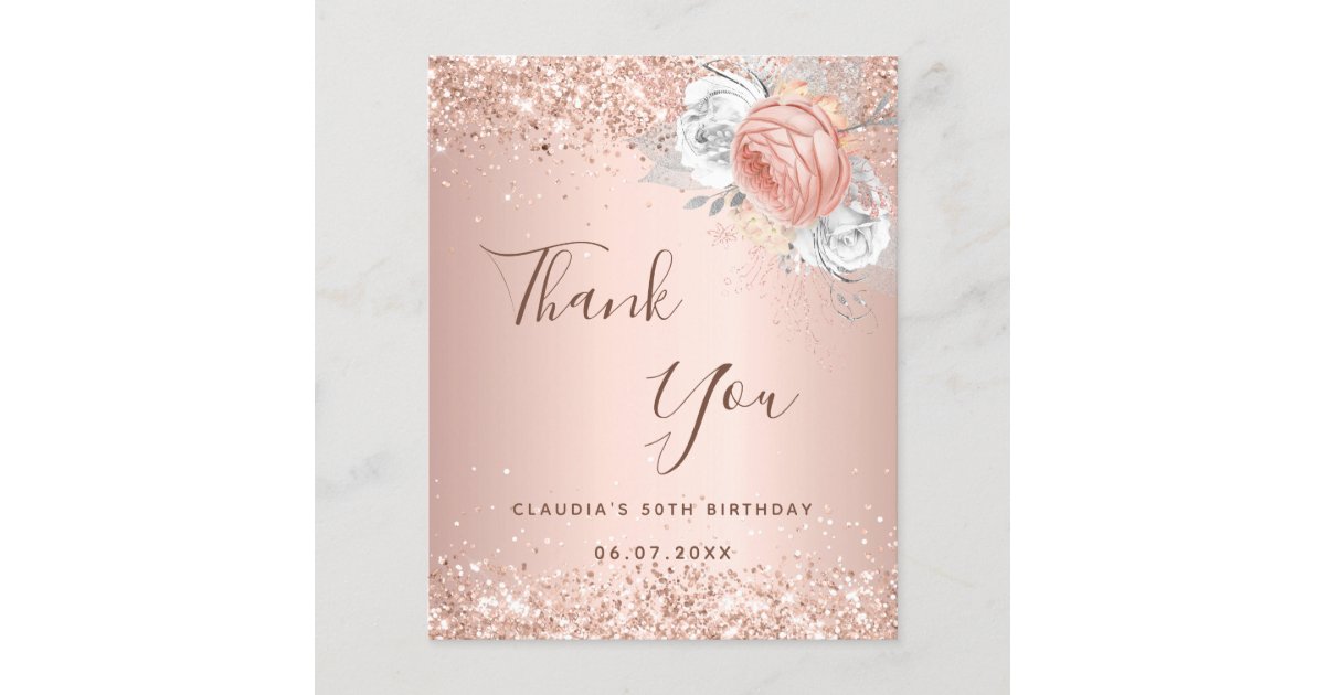 Birthday rose gold blush floral thank you card | Zazzle