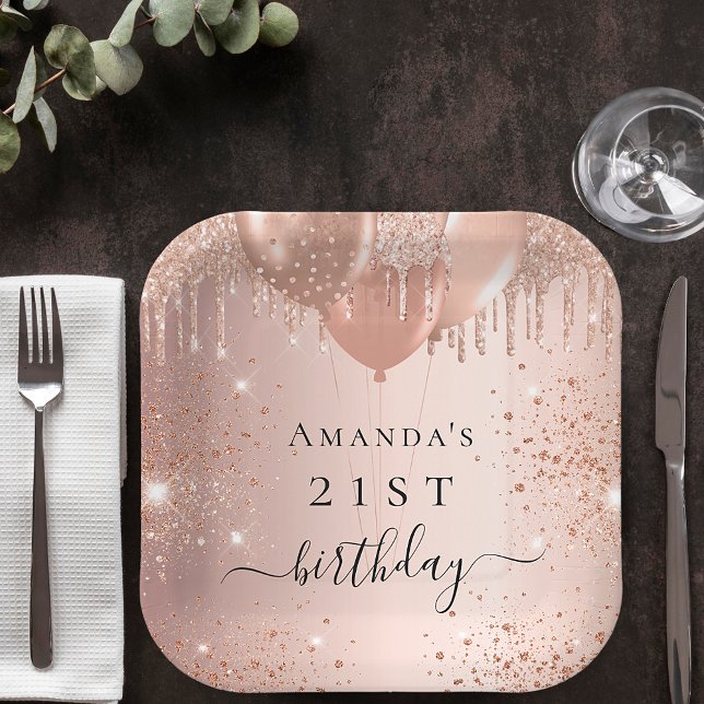 Birthday rose gold blush glitter balloons name paper plates (Creator Uploaded)