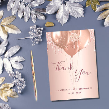 Birthday Rose Gold Blush Glitter Drips Balloons Thank You Card by Thunes at Zazzle