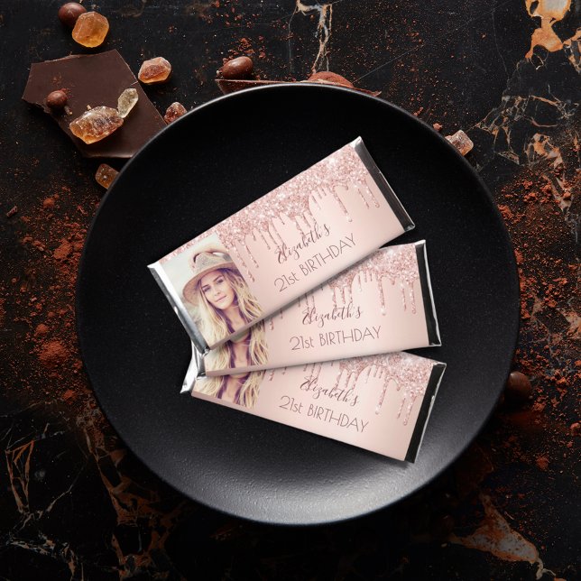 Birthday rose gold blush glitter drips photo hershey bar favors (Creator Uploaded)
