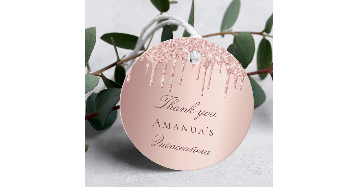 Birthday rose gold blush glitter drips thank you favor tags | Zazzle