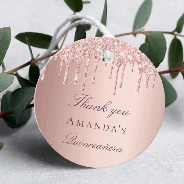 Birthday rose gold blush glitter drips thank you favor tags | Zazzle