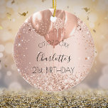 Birthday rose gold blush glitter name balloons ceramic ornament<br><div class="desc">An ornament for a girly and glamorous 21st (or any age)  birthday . A rose gold,  pink gradient background with faux rose gold glitter,  sparkles and balloons. Personalize and add a date,  a name and age.</div>