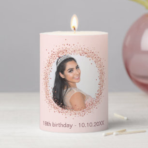 Birthday rose gold blush glitter photo pillar candle