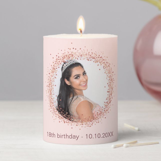 Birthday rose gold blush glitter photo pillar candle (In Situ)