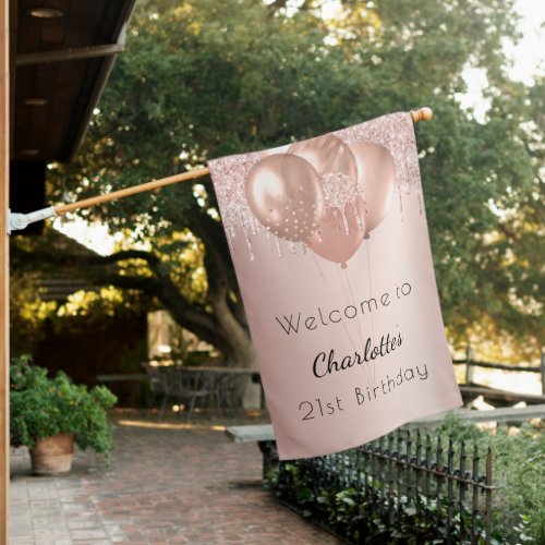 Birthday rose gold blush glitter welcome balloons house flag