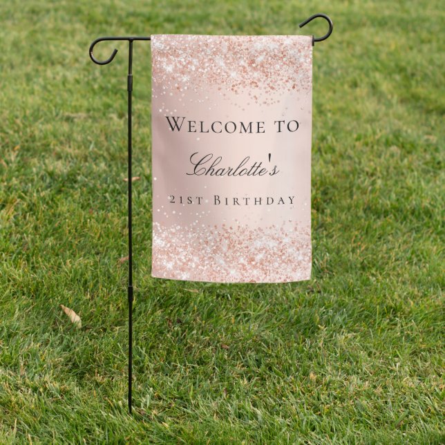 Birthday rose gold blush glitter welcome party garden flag (In SItu)