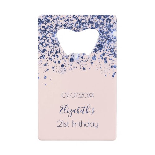 Birthday rose gold blush navy blue glitter name credit card bottle opener