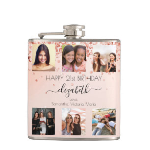 Birthday rose gold blush photo collage friends flask