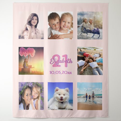 Birthday rose gold blush photo collage tapestry