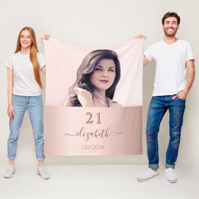 Birthday rose gold blush photo name script fleece blanket (In Situ)