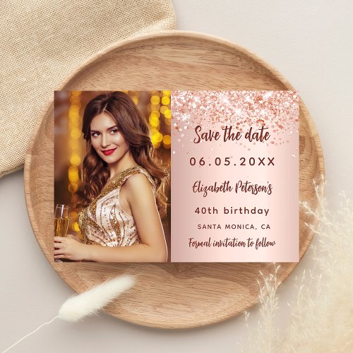 Birthday rose gold blush photo save the date announcement postcard