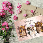 Birthday rose gold blush photo  thank you card<br><div class="desc">Add 3 of Your birthday photos, vertical size, a date, name, and the thank you note. A rose gold faux metallic looking background with black text and frame, faux sparkles. The text: Thank you on the front and your name on the back are written with a stylish hand lettered script...</div>