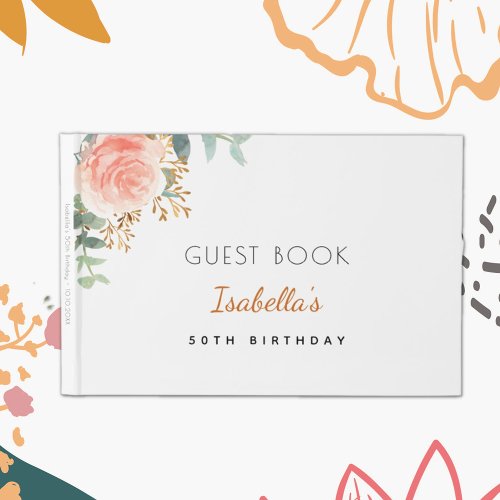 Birthday rose gold blush pink eucalyptus name guest book