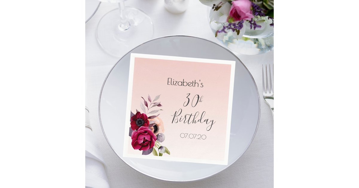 Birthday rose gold blush pink floral name napkins | Zazzle