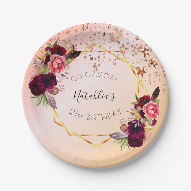 Birthday rose gold blush pink geometric monogram paper plates (Front)