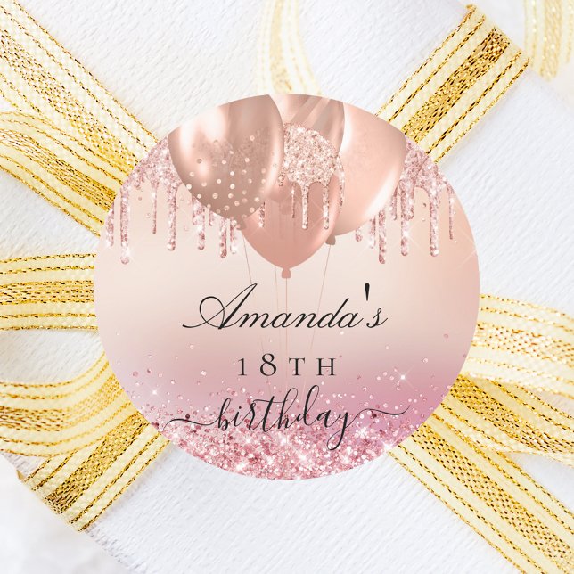 Birthday rose gold blush pink name balloon classic round sticker (Creator Uploaded)