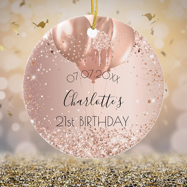 Birthday rose gold blush pink name balloons ceramic ornament (Creator Uploaded)