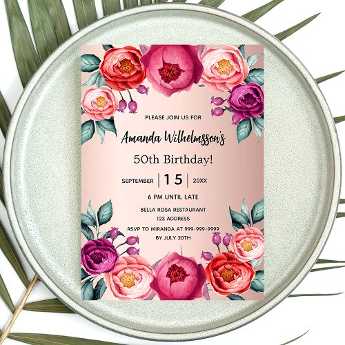 Birthday rose gold blush pink purple floral luxury invitation