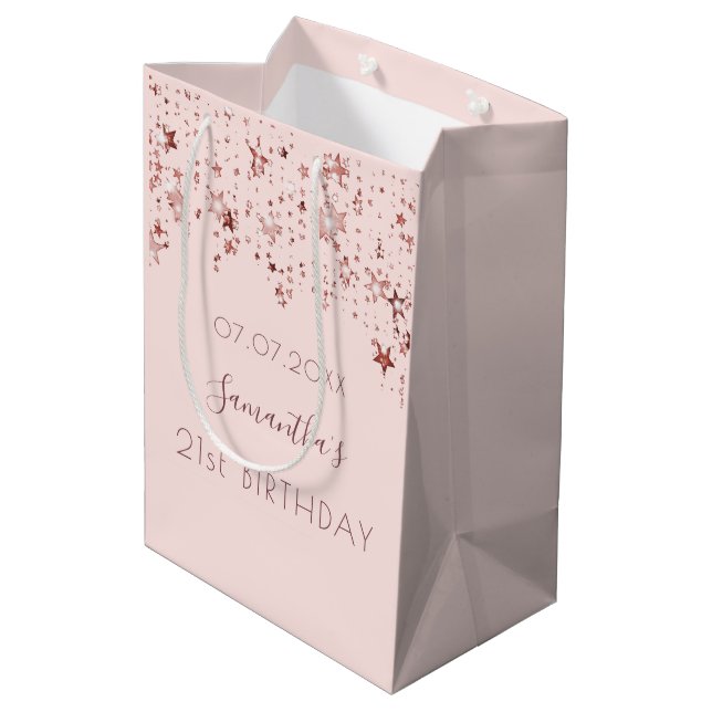Birthday rose gold blush pink stars monogram medium gift bag (Back Angled)