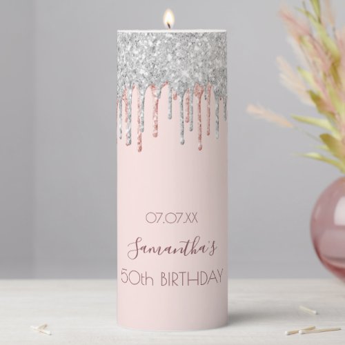 Birthday rose gold blush Silver glitter drips name Pillar Candle