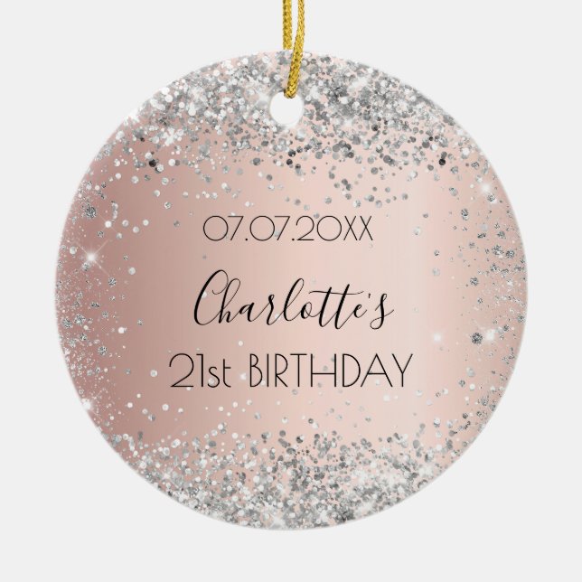 Birthday rose gold blush silver glitter name ceramic ornament (Front)