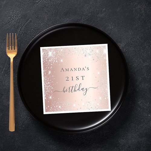 Birthday rose gold blush silver glitter name napkins